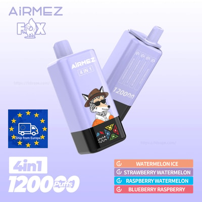 AirMEZ 4in1 purple vape with fox mascot; two pods; 1200 puffs; flavors include Watermelon Ice, Strawberry Watermelon.