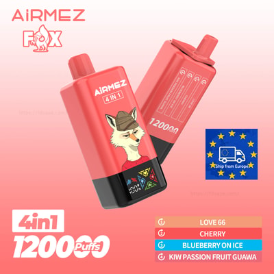 Airmez Fox 4 in 1 disposable vape, red with a hat-wearing fox, 1200 puffs; flavors Love 66, Cherry, Blueberry on Ice.