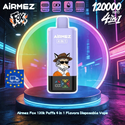 Purple Airmez Fox 120k sbuffa un vaporizzatore usa e getta 4 in 1 con una volpe in cappello di feltro marrone e occhiali da sole su uno sfondo al neon.