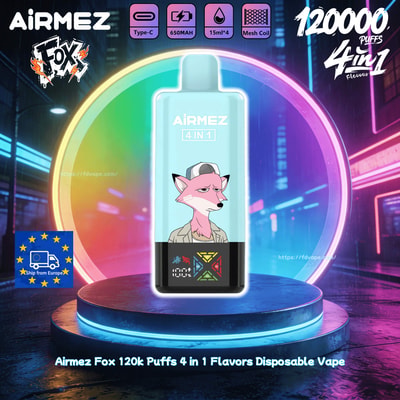 Airmez Fox 120k Puffs 4 in 1 disposable vape on neon stage; blue device with fox graphic and feature icons (Type-C, 650mAh, 15ml×4, mesh coil).