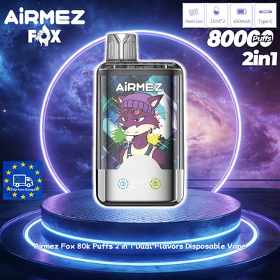 Airmez Fox 2in1 disposable vape with dual flavors, featuring a purple fox in a beanie on the label, on a neon-lit stage.