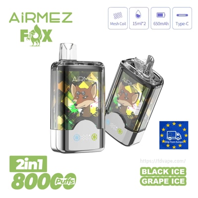 AirMez Fox dual vape pod with fox graphic, 650mAh battery, Type-C, mesh coil, 8000 puffs, Black Ice Grape Ice flavor.