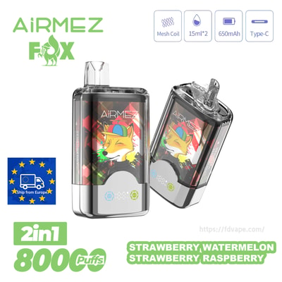 Two Airmez Fox 2-in-1 vape devices featuring fox artwork, strawberry-watermelon and strawberry-raspberry flavors.