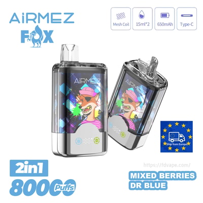 AiRMEZ FOX 2in1 disposable vapes with cartoon fox design, 800 puffs, Mixed Berries flavor.