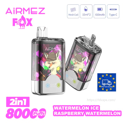 Two Airmez Fox disposable vapes with a fox wearing a hat on a purple label, 2in1 800 puffs, Watermelon Ice Raspberry Watermelon flavor