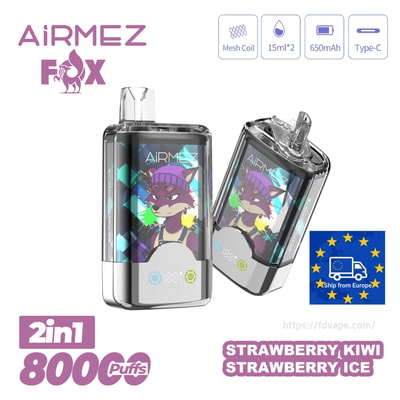 Two AiRMEZ Fox 2-in-1 pod devices with purple fox artwork on a colorful geometric background, Strawberry Kiwi Ice flavor.