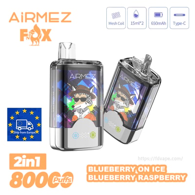 AiRMEZ FOX pod vape duo with colorful fox art; 650mAh, Type-C, 15ml×2, 800 puffs, Blueberry on Ice and Blueberry Raspberry.