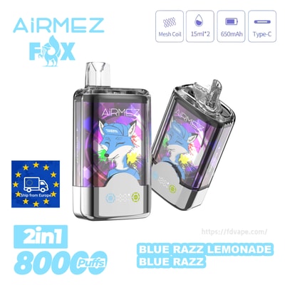 Airmez Fox 2-in-1 vape pod with purple fox artwork on a transparent body, Blue Razz Lemonade flavor, 650mAh battery, Type-C, 15ml×2.