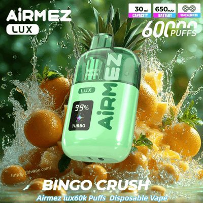 Mint-green Bingo Crush disposable vape bottle with Airmez Lux branding, 60k puffs, amid splashing water and oranges and pineapple.