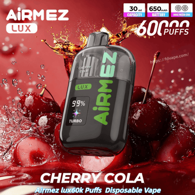 Airmez Lux disposable vape in Cherry Cola flavor, black with green AIRMEZ text, display reading 99% Turbo, amid cherries and splashing red liquid.