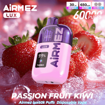 Pink Airmez Lux disposable vape with a purple cap, labeled Passion Fruit Kiwi, 60k puffs, 99% Turbo, shown among strawberries.