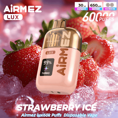 Airmez Lux disposable vape in pink with gold cap, Strawberry Ice flavor, 60k puffs, 30 ml, 650 mAh, among strawberries.