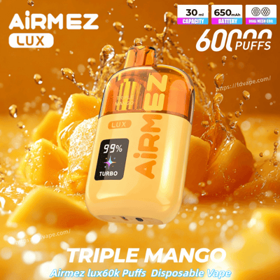 Airmez Lux disposable vape in Triple Mango, orange bottle with mango splash, 60k puffs and 30 ml capacity.