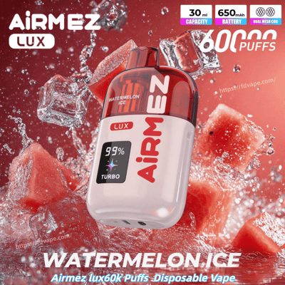 Airmez Lux disposable vape in Watermelon Ice flavor with a red cap and white body, shown among ice cubes and watermelon chunks.