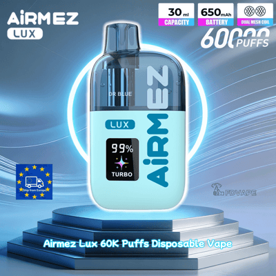 Blue Airmez Lux 60K disposable vape on a pedestal, showing 30 ml capacity, 650 mAh battery, dual mesh coil and turbo mode.
