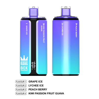 Two gradient Bang Box disposable vapes with flavors Grape Ice, Lychee Ice, Peach Berry, and Kiwi Passion Fruit Guava.