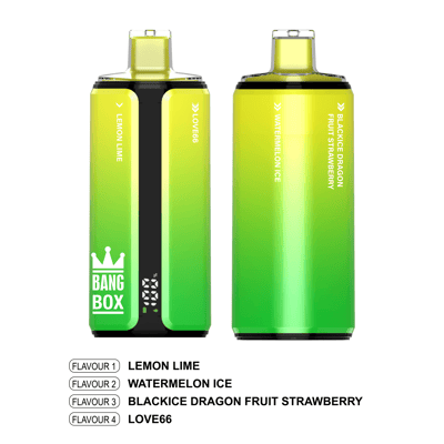 Two gradient lime-green to yellow vape devices; left shows Bang Box logo and display, right plain; flavor labels visible.