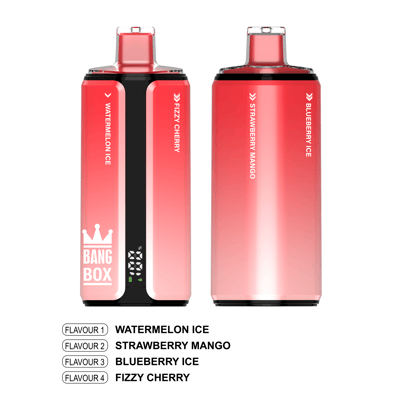 Two pink Bang Box vapes; left shows Watermelon Ice and Fizzy Cherry, right shows Strawberry Mango and Blueberry Ice.