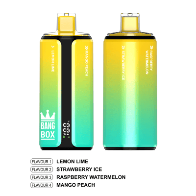 Two Bang Box vape devices in a yellow-to-teal gradient; left shows Lemon Lime and Mango Peach, right shows Strawberry Ice and Raspberry Watermelon.