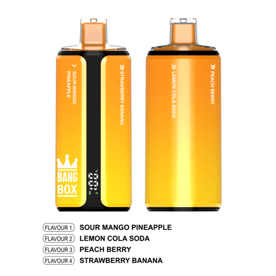 Two gold gradient vape cans, left with Bang Box logo and flavors Sour Mango Pineapple and Strawberry Banana, right with Lemon Cola Soda and Peach Berry.
