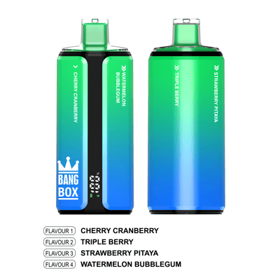 Gradient vape devices; left lists Cherry Cranberry and Watermelon Bubblegum, right lists Triple Berry and Strawberry Pitaya.