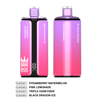 Two pink-to-purple gradient vape devices, left with a black display and Bang Box logo, right plain; flavors: Strawberry Watermelon, Pink Lemonade, Triple Honeydew, Black Dragon Ice