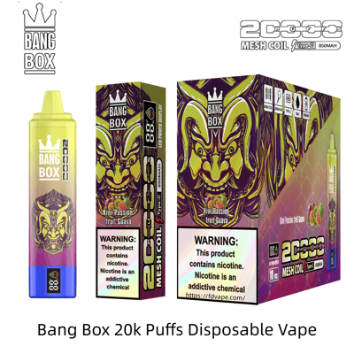 Bang Box 20k Puffs Einweg-Vaporizer mit neon-lilafarbenem Gerät und Dämonenmasken-Motiv auf den Boxen, Kiwi-Passionsfrucht-Guave