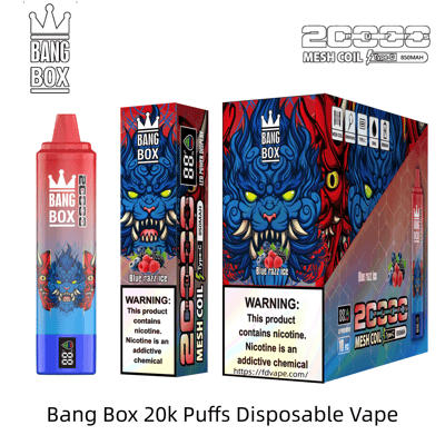 Bang Box 20k Puffs Einweg-Vape-Set mit blauem Dämonen-Motiv, rosa bis blauer Flasche und Schachteln mit der Aufschrift „Blue Razz Ice“.