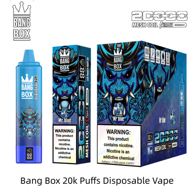 Blue Bang Box 20k Puffs Einweg-Vaporizer mit Drachen-Verpackung und blauer Flasche, Nikotinwarnung sichtbar.