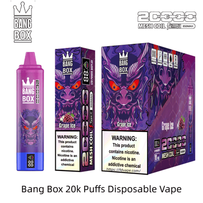 Purple Bang Box 20k Puffs Einweg-Vaporizer mit Drachenmotiv, Grape Ice-Geschmack, abgebildet mit der passenden gemusterten Box.