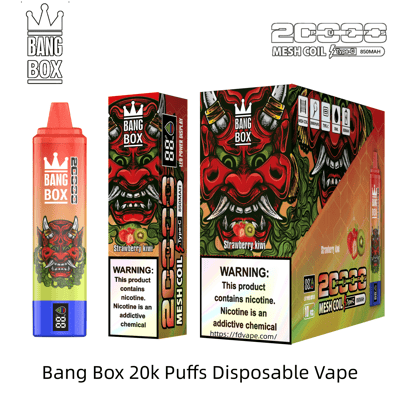 Bang Box 20k Puffs Einweg-Vaporizer mit Erdbeer-Kiwi-Geschmack, mit einem roten Dämonenmasken-Motiv auf Flasche und Schachtel.