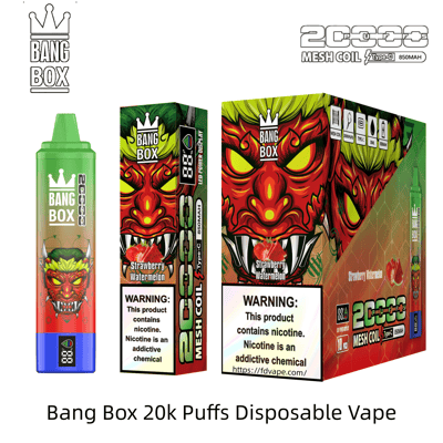 Bang Box 20k Puffs Einweg-Vaporizer mit Erdbeer-Wassermelonen-Geschmack, abgebildet mit einem grünen Gerät neben dämonischer Verpackungskunst.