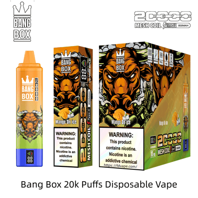 Bang Box Mango On Ice Einweg-Vaporizer mit orange-blauer Flasche und auffälliger Tiger-Verpackung mit 20.000 Zügen.
