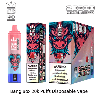 Pink-blauer Bang Box 20k Puffs Watermelon Ice Einweg-Vaporizer mit Drachen-Motiv neben der farbenfrohen Verpackung.