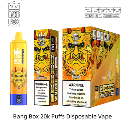 Leuchtend gelber Bang Box Banana Ice Einweg-Vaporizer mit Kronenlogo, abgebildet neben der orangefarbenen 20.000-Puffs-Verpackung.