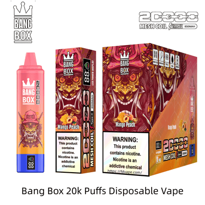 Mango Peach Bang Box 20k Puffs Einweg-Vaporizer mit rosa Farbverlaufsgerät und Drachenmotiv auf der Verpackung.