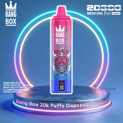 Bang Box 20k Puffs Einweg-Vaporizer mit rosa-blauem Farbverlauf und Kronenlogo, angezeigt auf einem neonbeleuchteten runden Sockel.