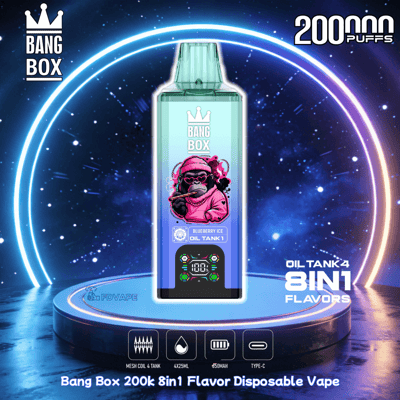 Bang Box disposable vape with blue gradient label and pink monkey graphic, Blueberry Ice flavor, 2000 puffs, 8 in 1 flavors.