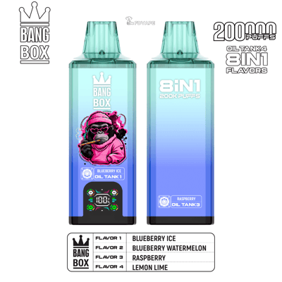Two gradient blue Bang Box vape pens; left features a pink-hooded monkey with Blueberry Ice, right shows 8IN1 200K Puffs with Raspberry.