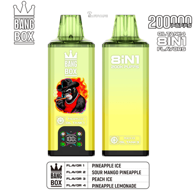 Two lime-green Bang Box vape devices; left features a flaming gorilla with Pineapple Ice oil tank, right labeled 8IN1 200K Puffs with Peach Ice oil tank.