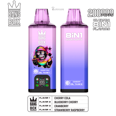 Two gradient purple Bang Box vape devices; left shows Cherry Cola with a rainbow monkey graphic, right is labeled 8in1 200k puffs with Cranberry oil tank.