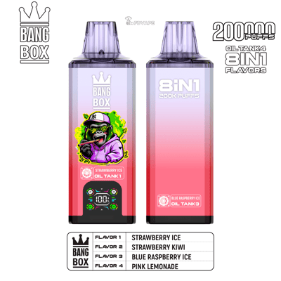 Two Bang Box 3-in-1 vape devices in pink gradient; bottom shows flavor list: Strawberry Ice, Strawberry Kiwi, Blue Raspberry Ice, Pink Lemonade.