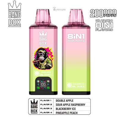 Two pink Bang Box vape pods with a gorilla and crown logo, one says Double Apple Oil Tank 1, the other 8IN1 200K Puffs.