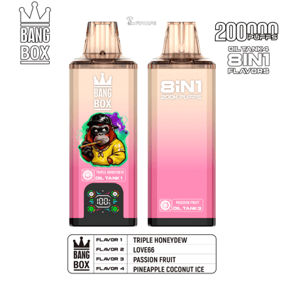 Two pink-gradient Bang Box vape devices with crown logos; left shows a masked character and Triple Honeydew, right shows 8in1 puffs and flavors.