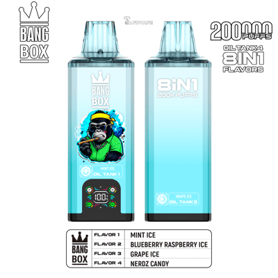 Two tall blue Bang Box vape devices, left Mint Ice and right Grape Ice, featuring 200k puffs and 8in1 flavors.