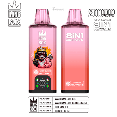 Two pink Bang Box vapes; left shows crowned monkey art with Watermelon Ice, right labeled 8IN1 200K Puffs Cherry Ice.