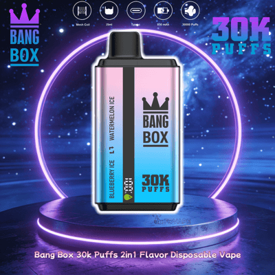 Pink-to-blue Bang Box disposable vape with crown logo on a neon platform, featuring 30K Puffs and flavors Watermelon Ice and Blueberry Ice.