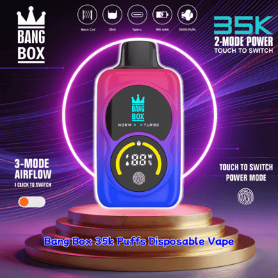 Bang Box 3.5k 台座上のピンクからブルーのグラデーションの使い捨て電子タバコは、円形ディスプレイとタッチ スイッチを備えています。.