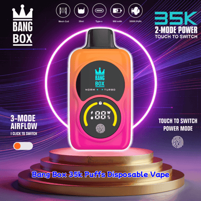 Bang Box 35k disposable vape in pink gradient on a pedestal, round display shows power and battery; features 3-mode airflow.