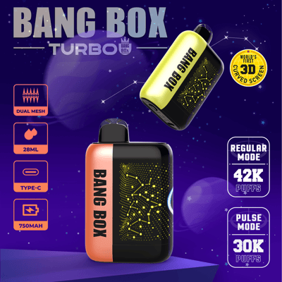 Bang Box Turbo vape devices in orange-black and yellow-green with constellation design on a starry space backdrop.